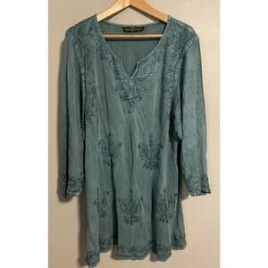 Agan Traders Womens Tunic Size 3X Blue Floral Embroidered 3/4 Sleeve Boho READ
